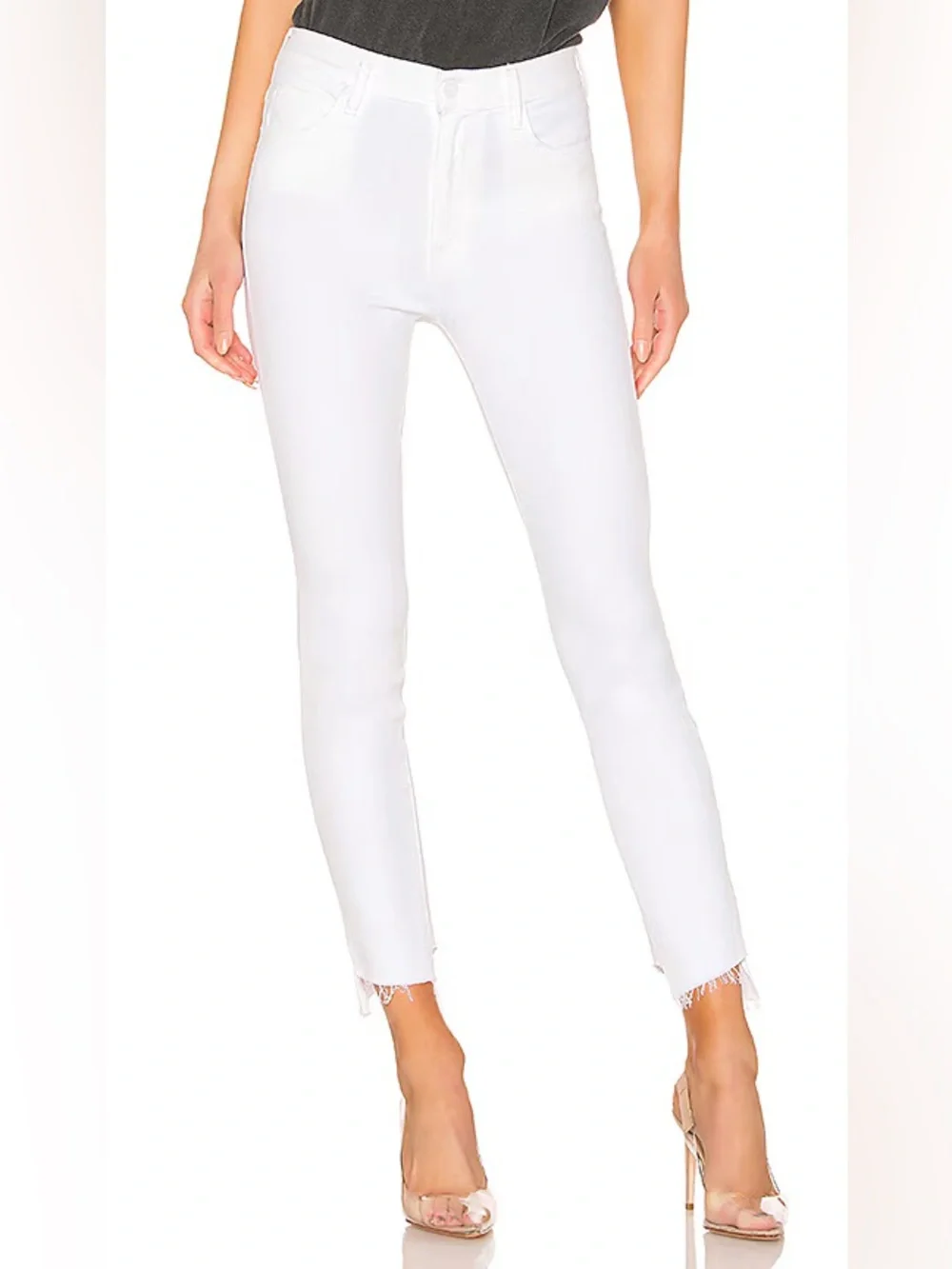 Mother the stunner zip ankle step fray glass slipper white jeans